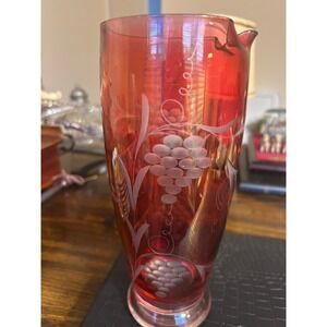 Antique Cranberry Etched Glass Pitcher